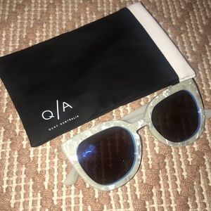 QUAY Blue Lens and White Marble Frame Sunglasses